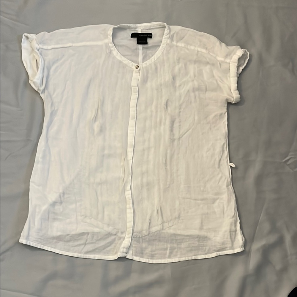 Calvin Klein Jeans Ivory Textured Top Blouse Shirt Size Medium Button Up